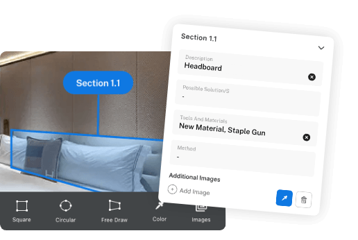 Annotation tool on a stateroom photo with Section 1.1 detail card
