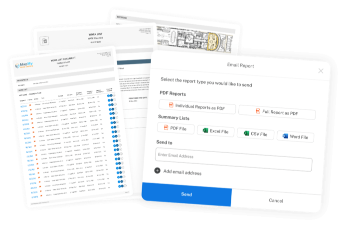 PDF and Excel handover report dialog with branded report preview