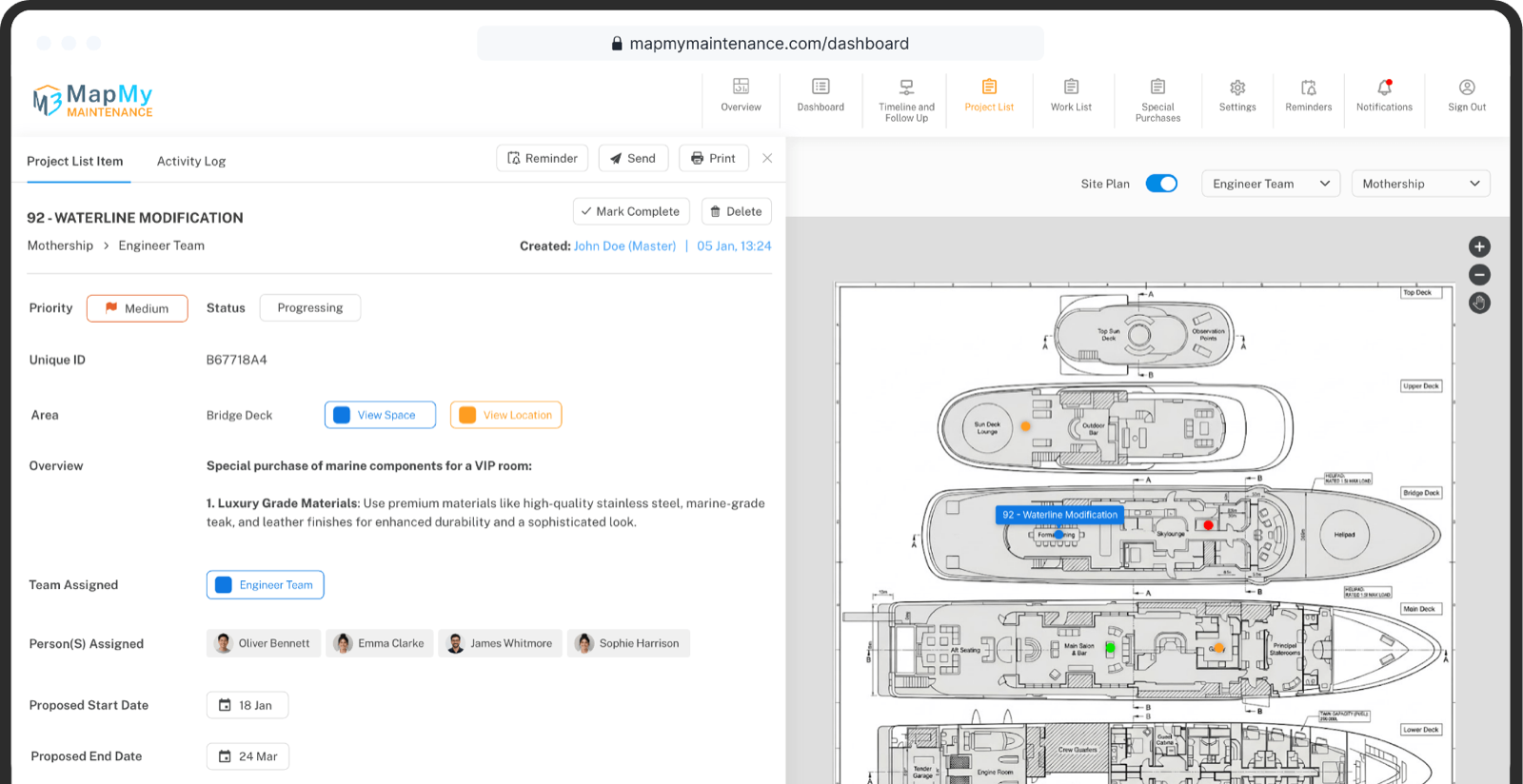 Project list item linked to a yacht site plan, with the work area pinned across decks.