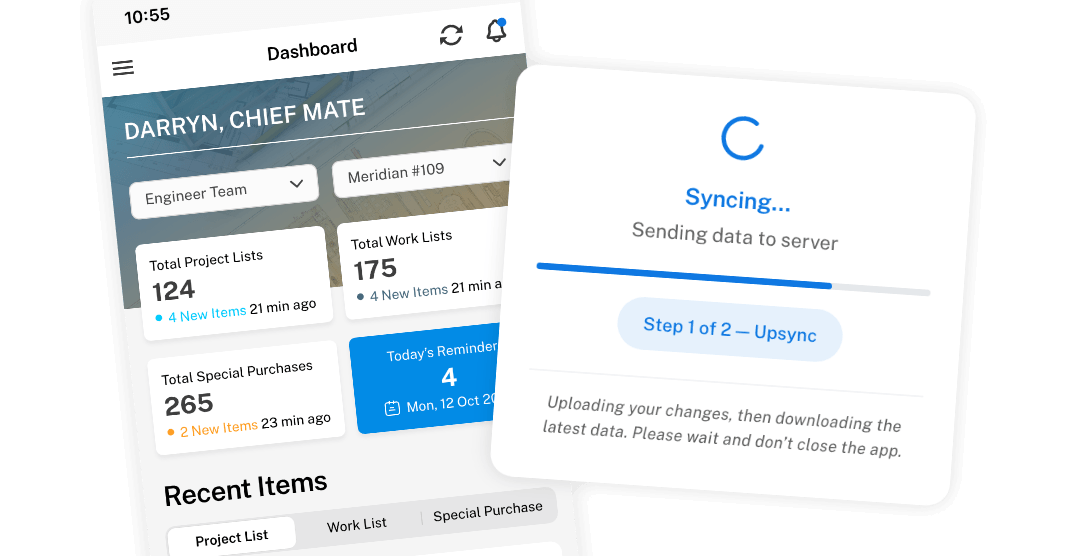 Map My Maintenance mobile dashboard with a Syncing overlay.