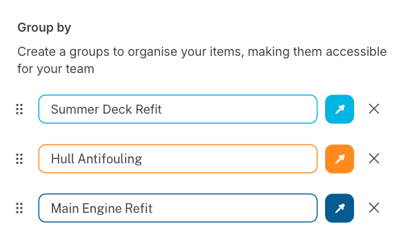 Group by panel with Deck Refit 2026, Hull Antifouling 2026 and Main Engine Refit 2026 groups.