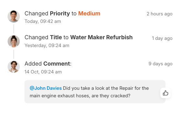Activity log timeline showing priority and title changes plus an @mention comment.