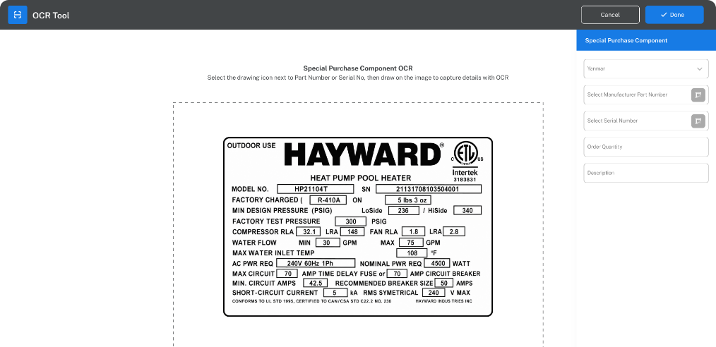 OCR tool reading an SKF bearing dataplate and dropping the part and serial numbers straight into the Special Purchase form.