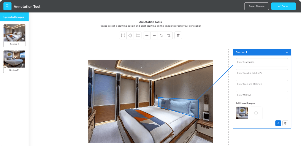 Annotation tool: a cabin photo with numbered section markers and a description panel.