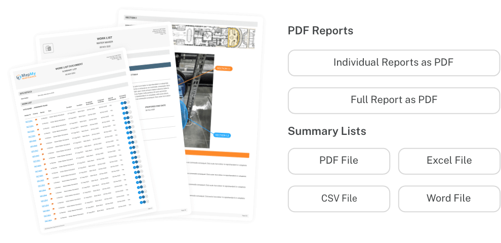 Branded MapMy report pages with Work List documents and export options.