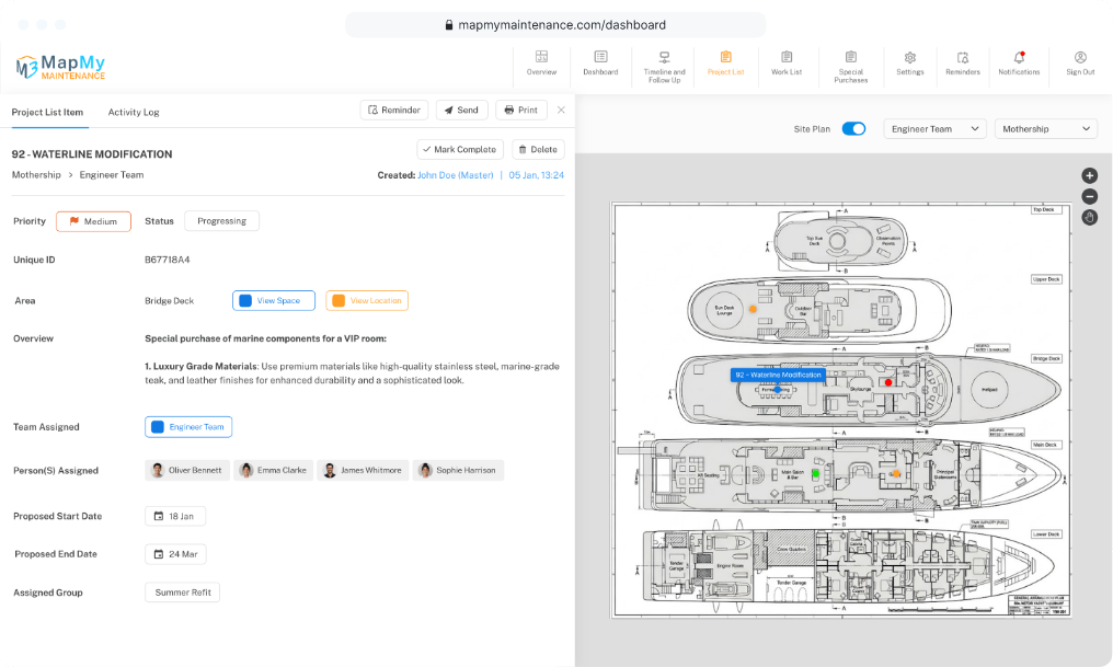 Map My Maintenance desktop dashboard, Project List item with Waterline Modification details next to a yacht General Arrangement site plan