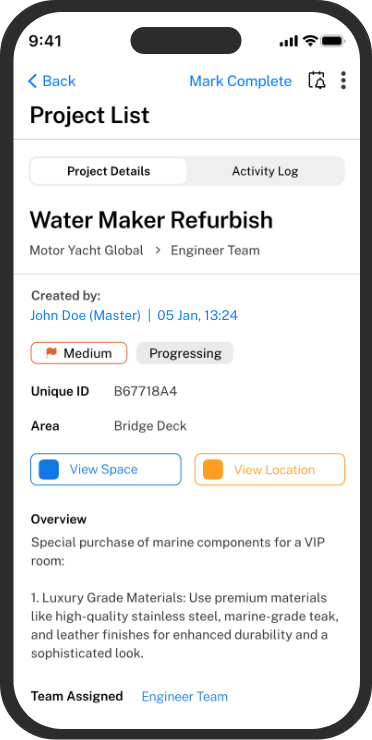 Map My Maintenance mobile app, Project List item with Mark Complete action and assigned team