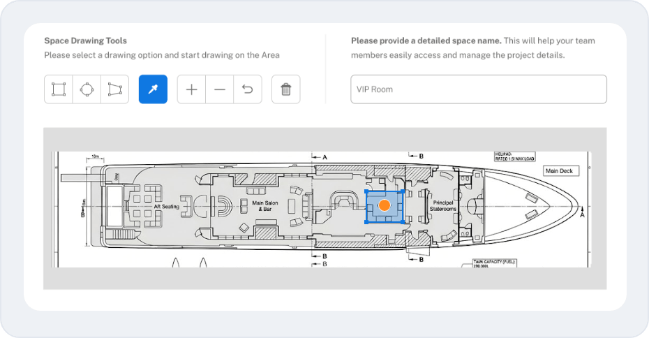 Space Drawing Tools panel and yacht site plan with a pinned VIP Room on Bridge Deck
