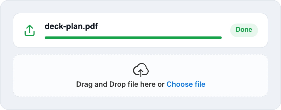 deck-plan.pdf uploaded and Drag and Drop file here or Choose file panel