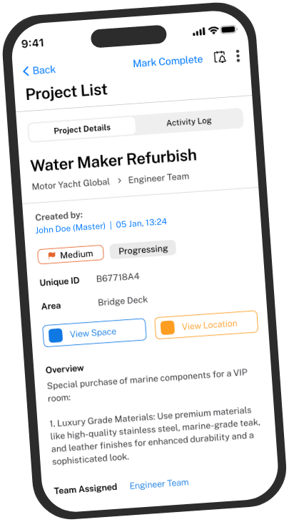 Project list with site plan and yacht GA